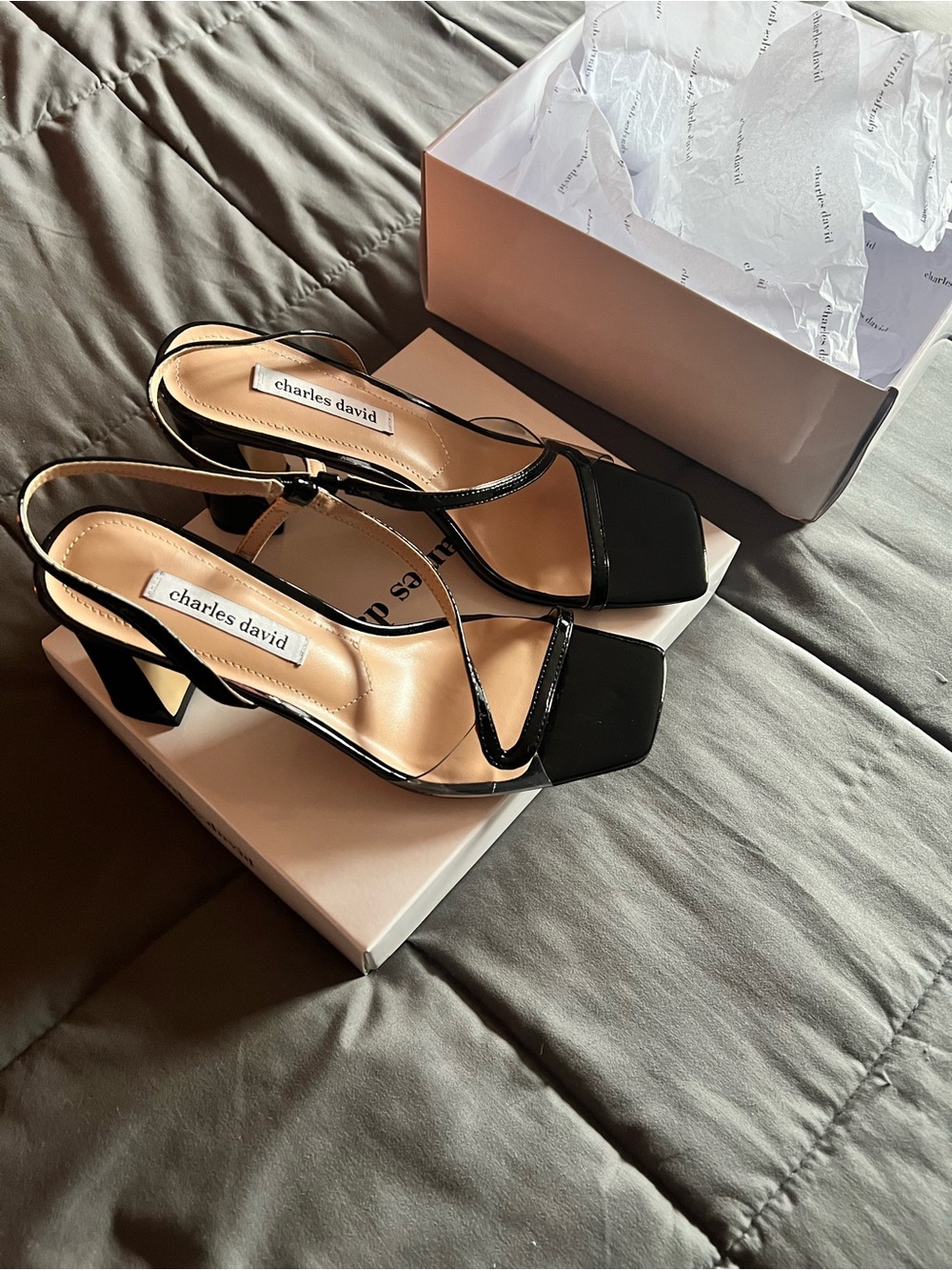 Charles David Black Patent Square-Toe Strappy Block Heels